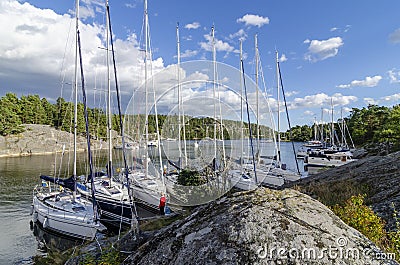 Sailingboats anchored Napoleonviken Stockholm archipelago Editorial Stock Photo