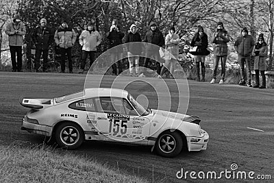 Spectators at a turn of Historic Monte-Carlo Rally B&W Editorial Stock Photo