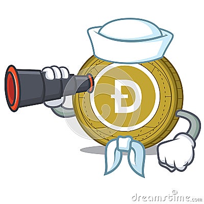 Sailor with binocular Dogecoin mascot cartoon style Vector Illustration