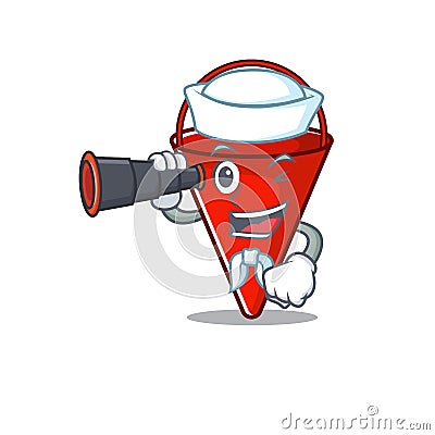 Sailor with binocular fire bucket cartoon in the yard Vector Illustration