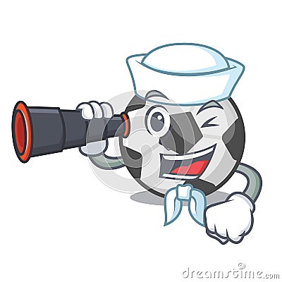 Sailor with binocular soccer ball in a cartoon basket Vector Illustration