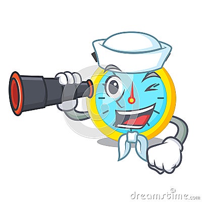 Sailor with binocular stowatch on a mascot wood table Vector Illustration