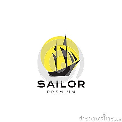 Sailor boat with sunset logo design Vector Illustration