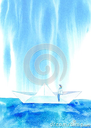 Sailor in a boat and waves.Sea sketch.Watercolor hand drawn illustration. Cartoon Illustration