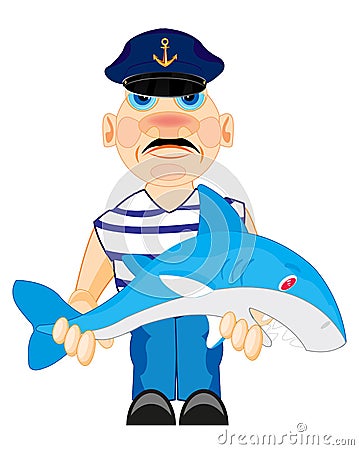 Sailor with caughted by shark Vector Illustration