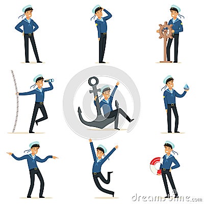 Sailor character doing his job set. Seaman in different situations cartoon vector Illustrations Vector Illustration