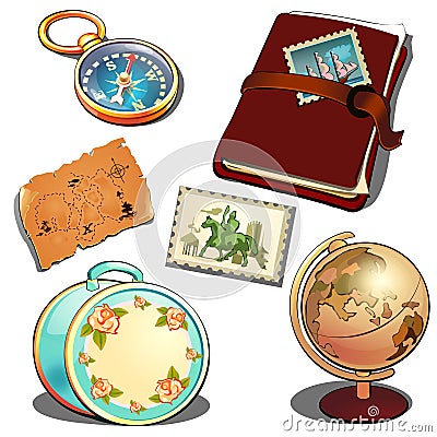 Sailor investigator in vintage style. Globe, diary, map, ladies travel suitcase, compass. Set of traveler attributes Vector Illustration