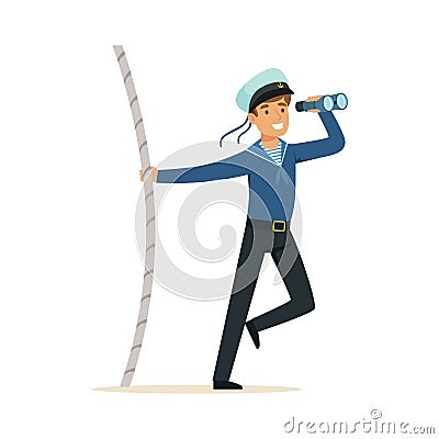 Sailor man character in blue uniform looking through spyglass vector Illustration Vector Illustration