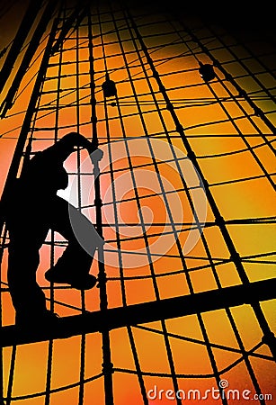 SAILOR MAN SILHOUETTE CLIMBING SHIP ROPES AGAINST GOLD SUNSET SKY Stock Photo