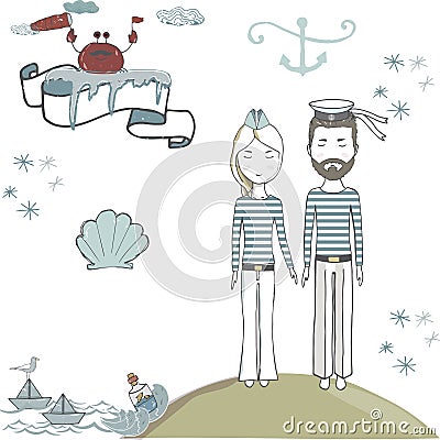 Sailor man woman clip art navigator submariner captain people sea ocean celebration weeding greeting birthday male female card boy Stock Photo