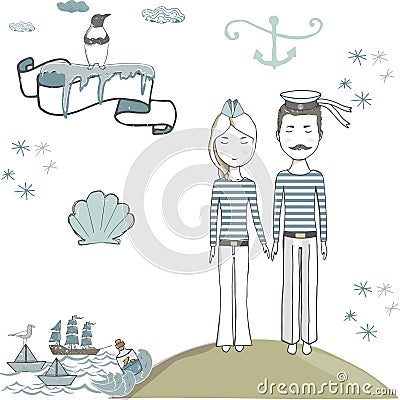 Sailor man woman clip art navigator submariner captain people sea ocean celebration weeding greeting birthday male female card boy Stock Photo