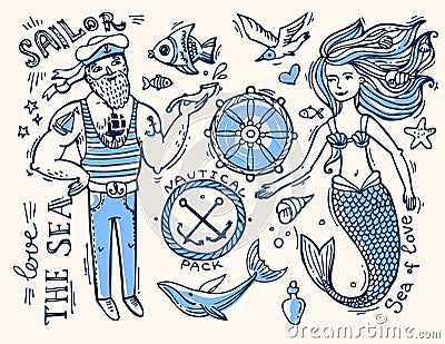 Sailor and mermaid Vector Illustration