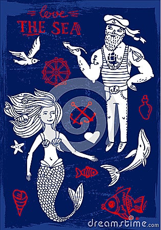 Sailor and mermaid Vector Illustration