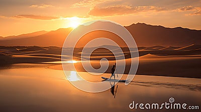 Sailor Paddling In Desert Waters: A Grandiloquent Landscape Stock Photo