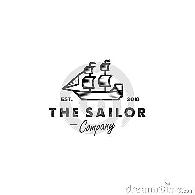 Sailor pirate ship, Sailing Boat Ship Silhouette Vintage Retro Rustic Emblem icon Logo Design Vector Illustration