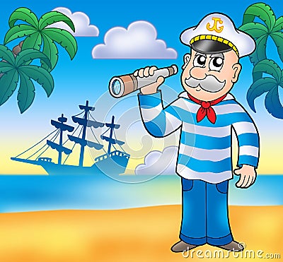 Sailor with spyglass on beach Cartoon Illustration
