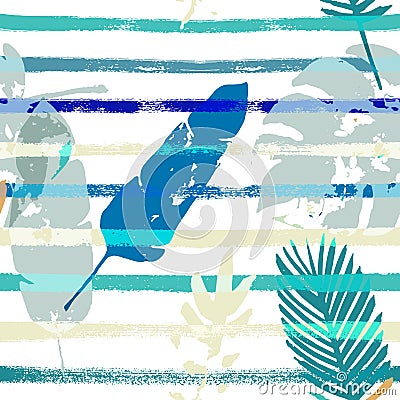 Sailor Stripes Vector Seamless Pattern, Blue, White, Yellow Exotic Floral Print. Trendy Boho Vector Illustration
