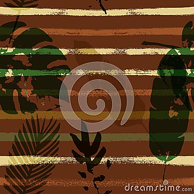 Sailor Stripes Vector Seamless Pattern, Brown Green Khaki Exotic Floral Print. Brushed Jungle Vector Illustration