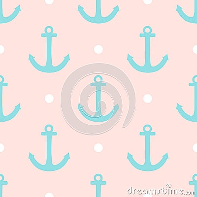 Sailor vector pattern with white polka dots and mint green anchor on pastel background Vector Illustration