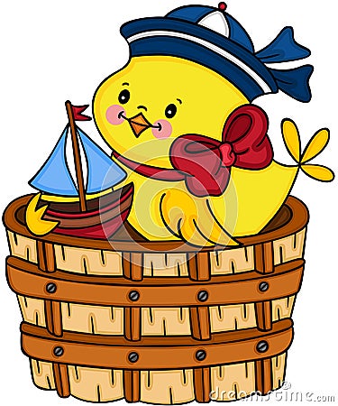 Sailor yellow chick playing little boat in wooden tub Vector Illustration