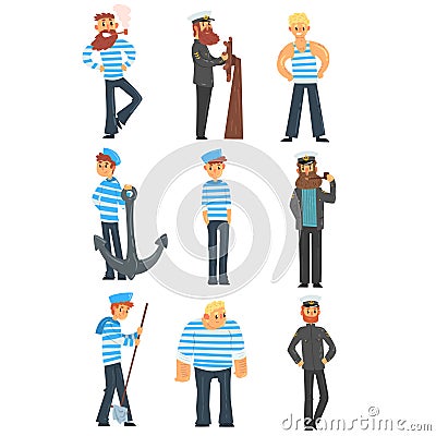 Sailors and captains doing their job, seamen characters in uniform vector Illustration on a white background Vector Illustration