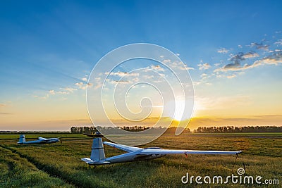 Sailplanes on the grassy field are ready for adventure Stock Photo