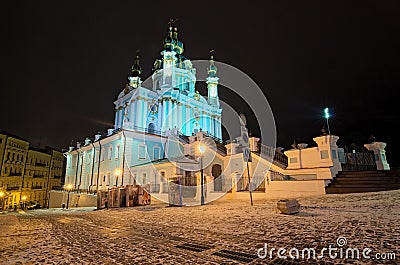 Saint Andrew orthodox church at winter night. Also The Famous Andreevsky Descent starts here. Kyiv, Ukraine Stock Photo