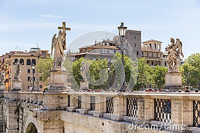 ROME, ITALY - APRIL 27, 2019: Saint Angel bridge Ponte Sant`Angelo on Tiber river. Editorial Stock Photo