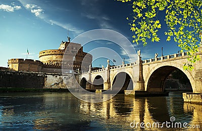 Saint Angel castle and bridge and Tiber river Stock Photo