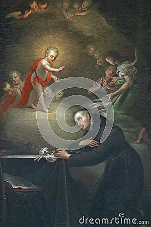 Saint Anthony adores baby Jesus Stock Photo