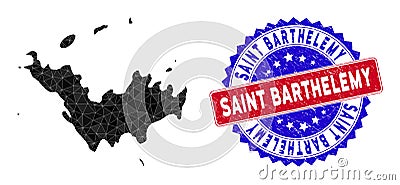 Saint Barthelemy Map Triangle Mesh and Scratched Bicolor Seal Vector Illustration