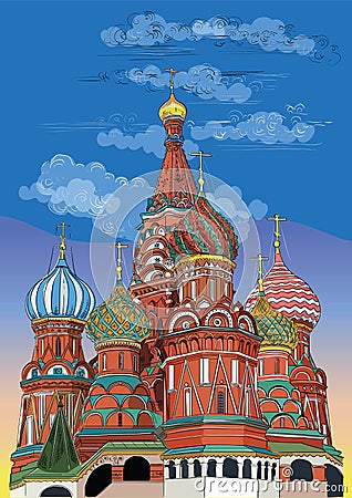 Saint Basils Cathedral of Kremlin Moscow, Russia. Colorful vector hand drawing illustration Vector Illustration