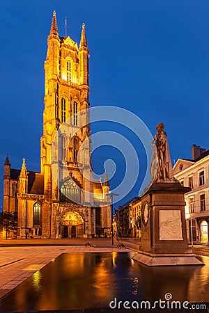 Saint Bavo Cathedral in the evening. Sint-Baafsplein, Ghent, Bel Stock Photo
