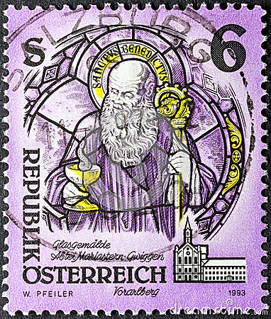 Saint Benedict of Nursia in vintage stamp Editorial Stock Photo