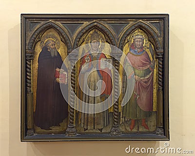 Saint Benedict, Saint Sixtus, and Saint Proculus by Simone di Filippo in the Museum of the Basilica of Saint Stephen. Editorial Stock Photo