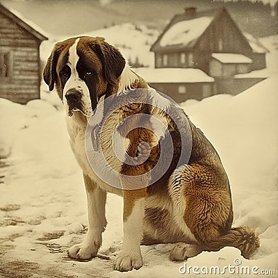 Saint Bernard dog, old vintage retro postcard style, close-up portrait, cute pet, Cartoon Illustration