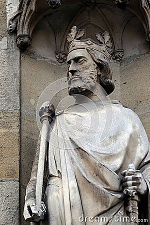 Saint Clovis, the first king of the Franks, statue on the portal of the Basilica of Saint Clotilde in Paris Stock Photo