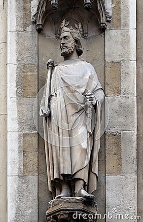 Saint Clovis, the first king of the Franks, statue on the portal of the Basilica of Saint Clotilde in Paris Stock Photo