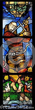 Saint Francis of Assisi, stained glass window in Franciscan abbey in Kleinostheim, Germany Editorial Stock Photo