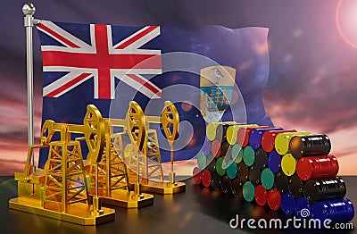 The Saint Helena's petroleum market. Oil pump made of gold and barrels of metal. The concept of oil production. Stock Photo