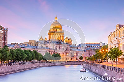 Saint Isaac Cathedral across Moyka river in St. Petersburg Stock Photo