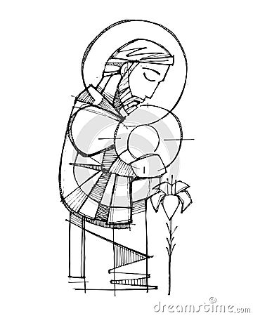 Saint Joseph and baby Jesus ink illustration Vector Illustration