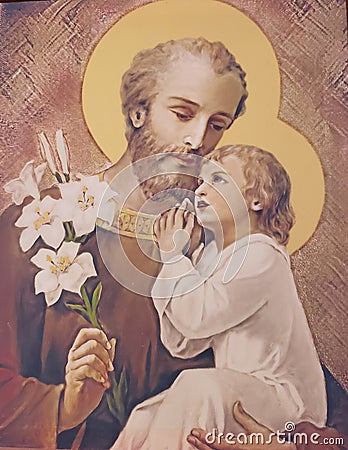 Saint Joseph & Child Jesus, Vintage Illustratian Cartoon Illustration