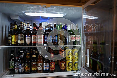 Beer fridge full of Anheuser-Busch beer bottles and cans, Saint Louis, United States Editorial Stock Photo