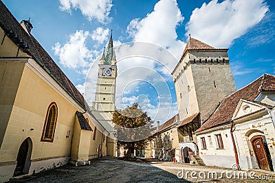Saint Margaret Church and Steingasser Tower in Medias, Romania Editorial Stock Photo