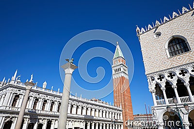 Saint Mark bell tower, National Marciana library and Doge palace in Venice Stock Photo