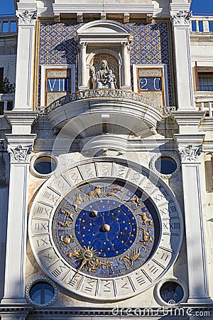 Saint Mark clock tower in Venice with gold zodiac signs in Italy Stock Photo