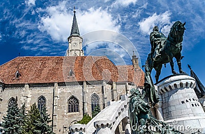 Saint Michael's gothic church and King Mathias Stock Photo