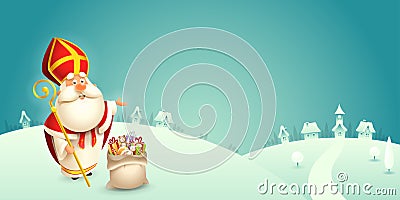 Saint Nicholas is coming to town - winter scene greeting card or banner on turquoise background Vector Illustration