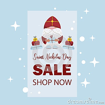 Saint Nicholas Day holiday sale poster. Funny dwarf Nicholas Vector Illustration